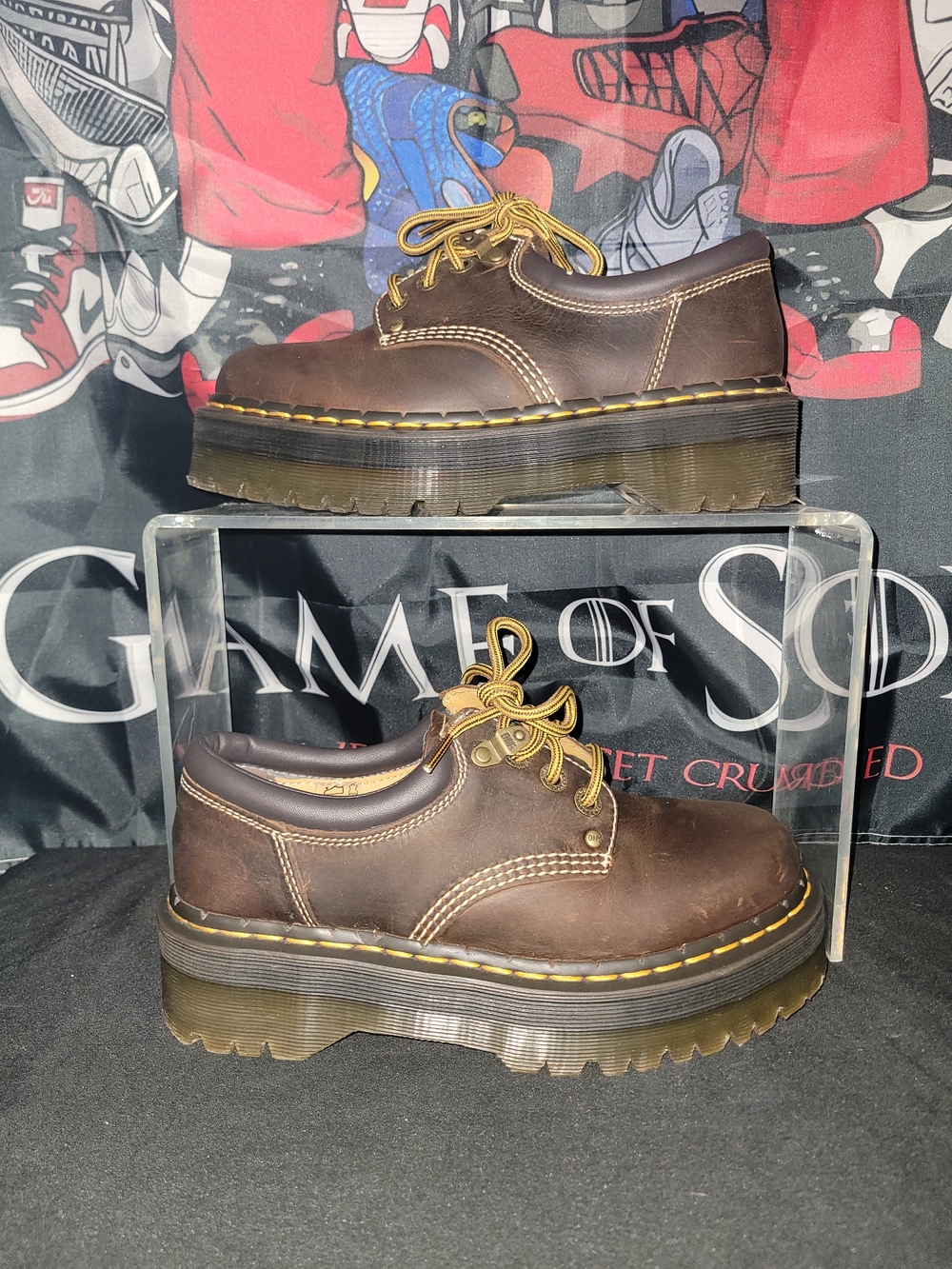 Dr. Martens Brown Leather Platform Derby Shoes with Yellow Stitching